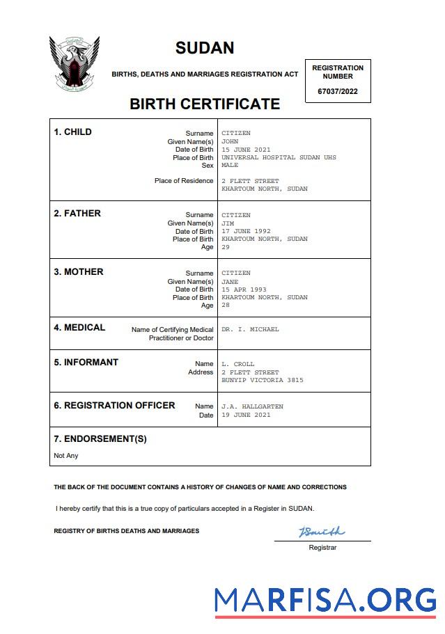Realistic Sudan birth certificate Word and PDF template